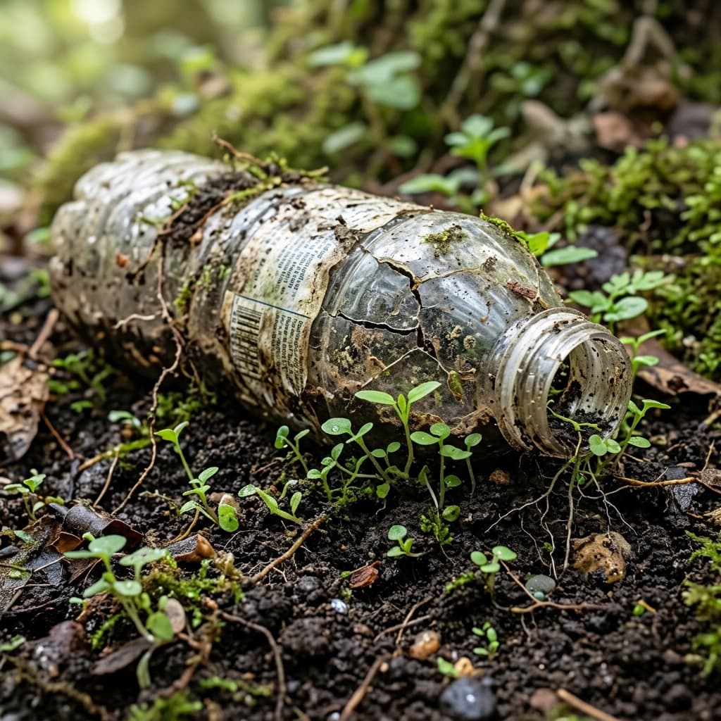 Biodegradable bottle decomposing naturally in soil